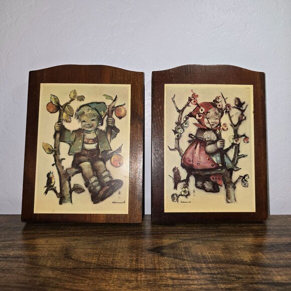 Vintage Set MCM Hummel Wall Plaques Boy & Girl On Trees Wooden Backing Rustic - Picture 2 of 12